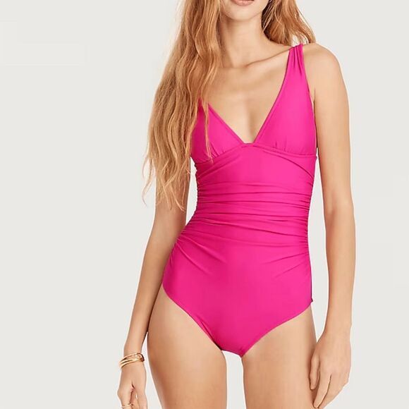 NWT J. Crew Women's Pink Ruched V-Neck One-Piece Swimsuit Size 18 Poolside - Picture 1 of 7